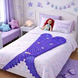 HANDMADE Purple crochet beaded mermaid tail throw kid's size / girl room